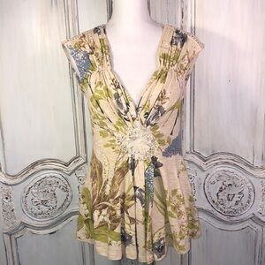 Baraschi Soft Knit Floral Sleeveless Gathered  V Neck Top Size Small